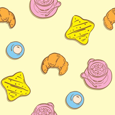 Pattern food Fried egg bread Croissant coffeeのイラスト素材