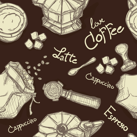 Coffee, latte, cappuccino graphic design background with beans.のイラスト素材