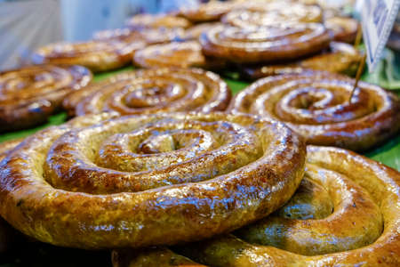 Grilled Sausage in a market near Lampang, Northern Thailand, Thailand, Asiaの写真素材