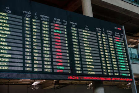 Scoreboards, Arrivals in Suvarnabhumi Airport, Bangkok, Thailandのeditorial素材