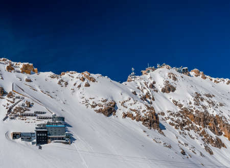 View to the Zugspitze (2962m), Germany's highest mountain, with a weather station and environmental research station, Bavaria, Germany, Europeの写真素材