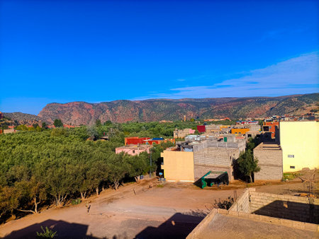Traditional berber village houses blend with green oasis under clear blue sky, showcasing unique...