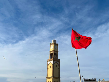 The red Moroccan flag gracefully waves atop a clock tower, set against the clear blue sky in Casablanca Medinaの写真素材
