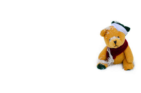 Cute teddy bear sits in the snow - isolated in white background for christmas or new year 2016の写真素材
