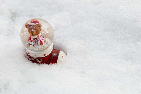 A cute bear in a real snow globe in a red winter boot in the snow white background for holydayの写真素材
