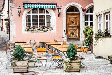 table and chairs at a cafeの写真素材