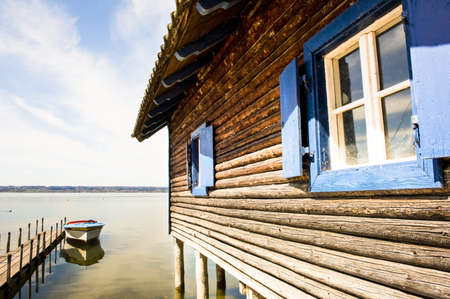 old fishing hut at a lakeのeditorial素材