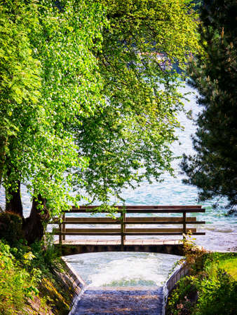 beautiful old wooden bridge at a forestの写真素材