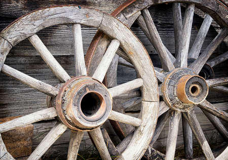 old wagon wheels at a farm