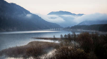 evening at the sylvensteinspeicher lake in germanyの写真素材