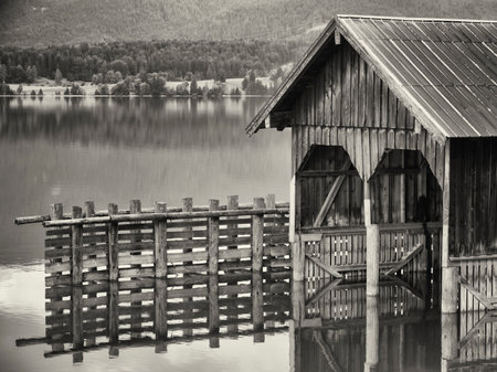 old boathouse at a lakeのeditorial素材