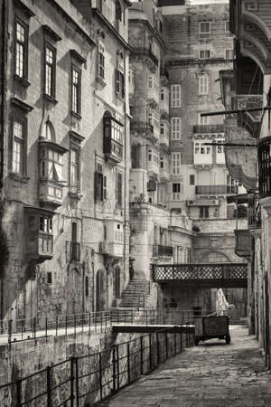 Typical Maltese covered balconies in Vallettaの写真素材