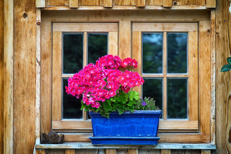 new window at a log cabin with crane's billsの写真素材