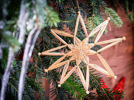 christmas decoration - straw star closeupの写真素材