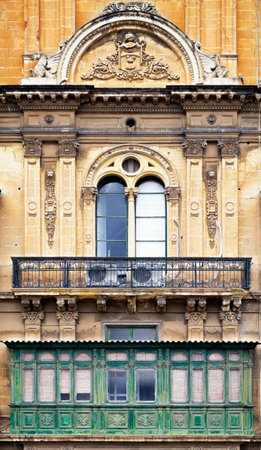 Typical Maltese covered balconies in Vallettaのeditorial素材