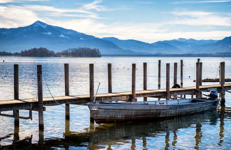 old wooden jetty at the chiemsee lake in bavariaの写真素材