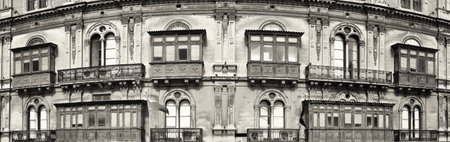 Typical Maltese covered balconies in Vallettaのeditorial素材
