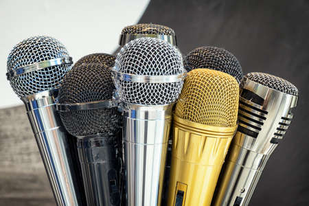 group of microphones - close upの写真素材