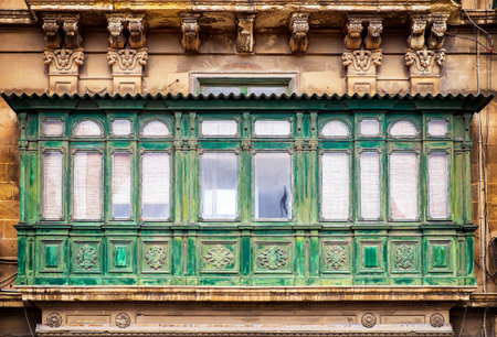 Typical Maltese covered balconies in Vallettaのeditorial素材