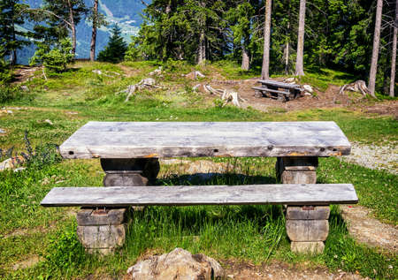 picnic table at a forestの写真素材