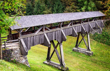 old covered bridge at a forestの写真素材