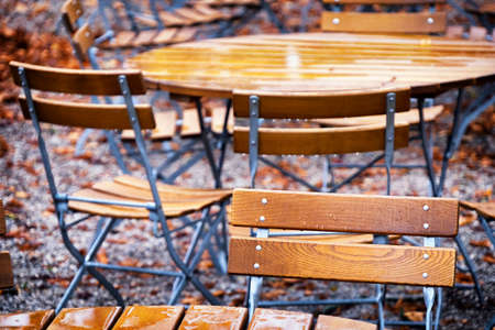 folding chairs at a beergardenの写真素材