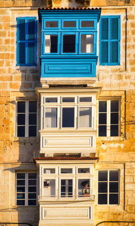 Typical Maltese covered balconies in Vallettaのeditorial素材