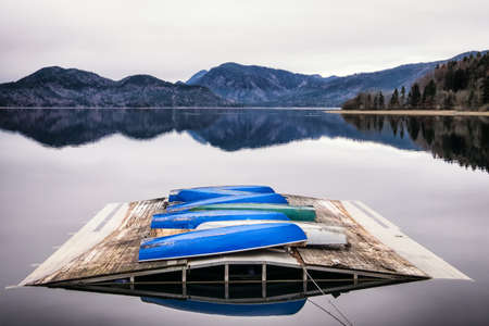 rowboats at a lake in bavariaの写真素材