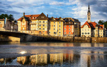 old town and isar river of bad toelz in bavariaの写真素材