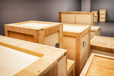 group of wooden boxes at a warehouse