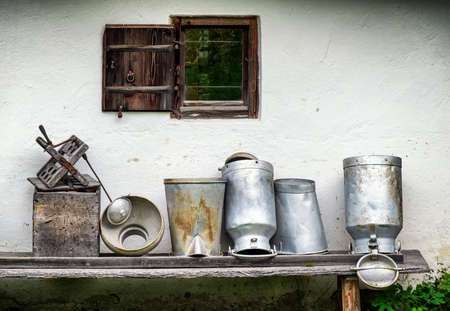 old milk canisters at a farmの写真素材