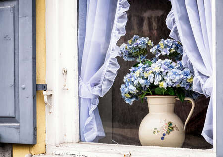 old flower pot at a windowの写真素材