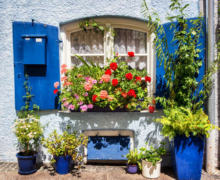 old window and flowers at a historic buildingの写真素材