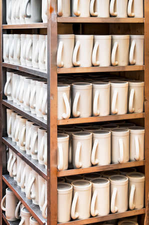 group of mugs at a bavarian beergardenの写真素材