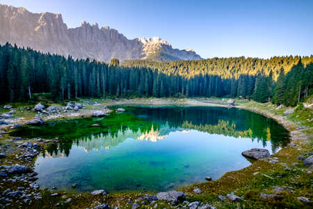 karerlake in italy - Lago di Carezza - at the background the dolomitesの写真素材