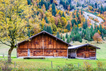 old farmhouse at the eng alm in austria - karwendel mountainsのeditorial素材