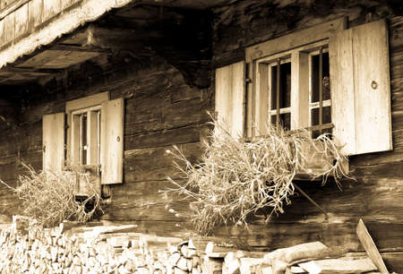 old window at a farm - firewoodの写真素材