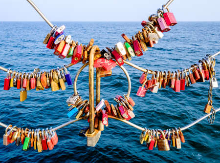 love padlocks at a bridgeの写真素材