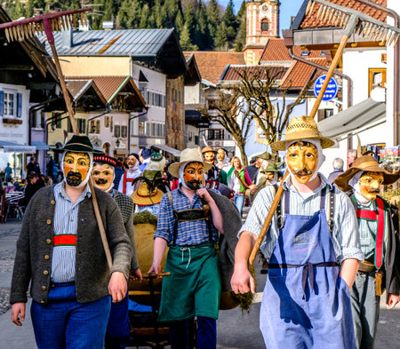 MITTENWALD, GERMANY - FEBRUARY 27: Machkera is a traditional disguise with large wooden larvae, here shown on Feb 27, 2017 in Mittenwaldのeditorial素材
