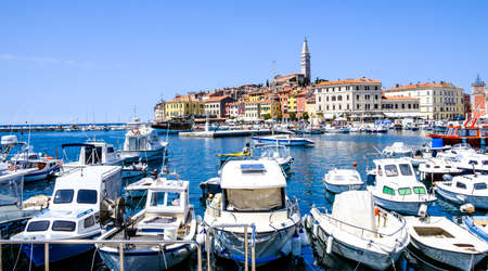 old town and harbor of rovinj in croatiaの写真素材