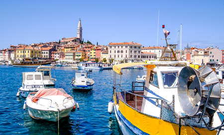 old town and harbor of rovinj in croatiaの写真素材