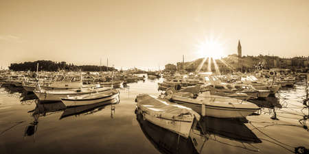 old town and harbor of rovinj in croatiaの写真素材