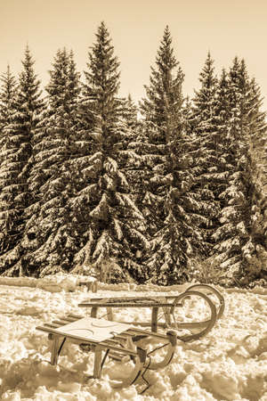 sleighs at a mountain in winterの写真素材