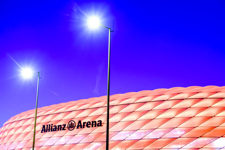 MUNICH, GERMANY - APRIL 21 - Part of the facade of the soccer stadium "Allianz Arena" at April 21, 2015 in munich - germany.のeditorial素材