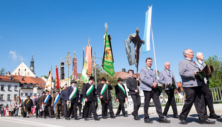 BAD TOELZ, GERMANY - MAY 26 - People in traditional costumes at the Corpus Christi procession at May 26, 2016 in Bad Toelz - Germany.のeditorial素材