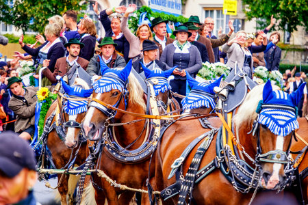 MUNICH, GERMANY - SEPTEMBER 16, 2017: The Oktoberfest is the world biggest beer festival and at the opening parade with rd. 9000 participants take part in historical costumes, music bands and horses.のeditorial素材