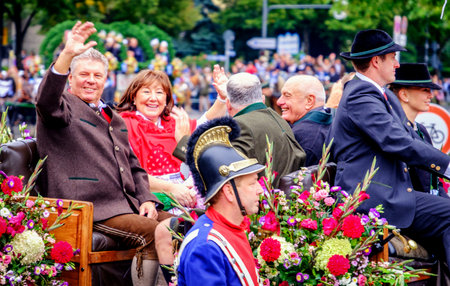 MUNICH, GERMANY - SEPTEMBER 16, 2017: The Oktoberfest is the world biggest beer festival and at the opening parade with rd. 9000 participants take part in historical costumes, music bands and horses.のeditorial素材