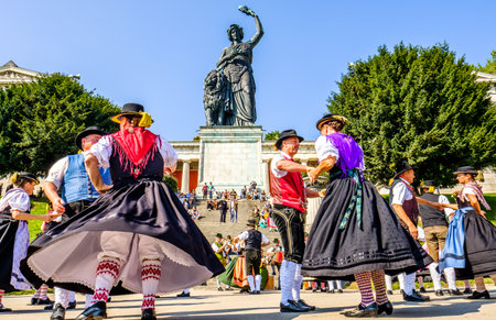 MUNICH, GERMANY - SEPTEMBER 26: traditional dancing group at the biggest folk festival in the world - the octoberfest on september 26, 2017 in munich.のeditorial素材