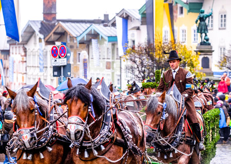 BAD TOELZ, BAVARIA/GERMANY - NOV 6: horse-carriage procession, named leonhardifahrt on Nov 6 2017 in bad toelzのeditorial素材
