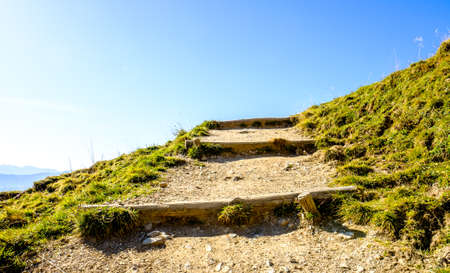 old wooden steps at a trailの写真素材